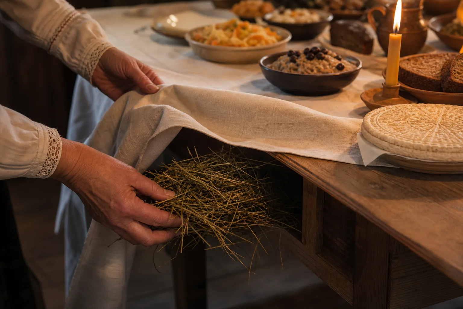 Kucios hay being placed under a white tablecloth