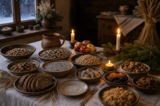 A Kucios dinner table with fasting dishes, candles, and fir branches
