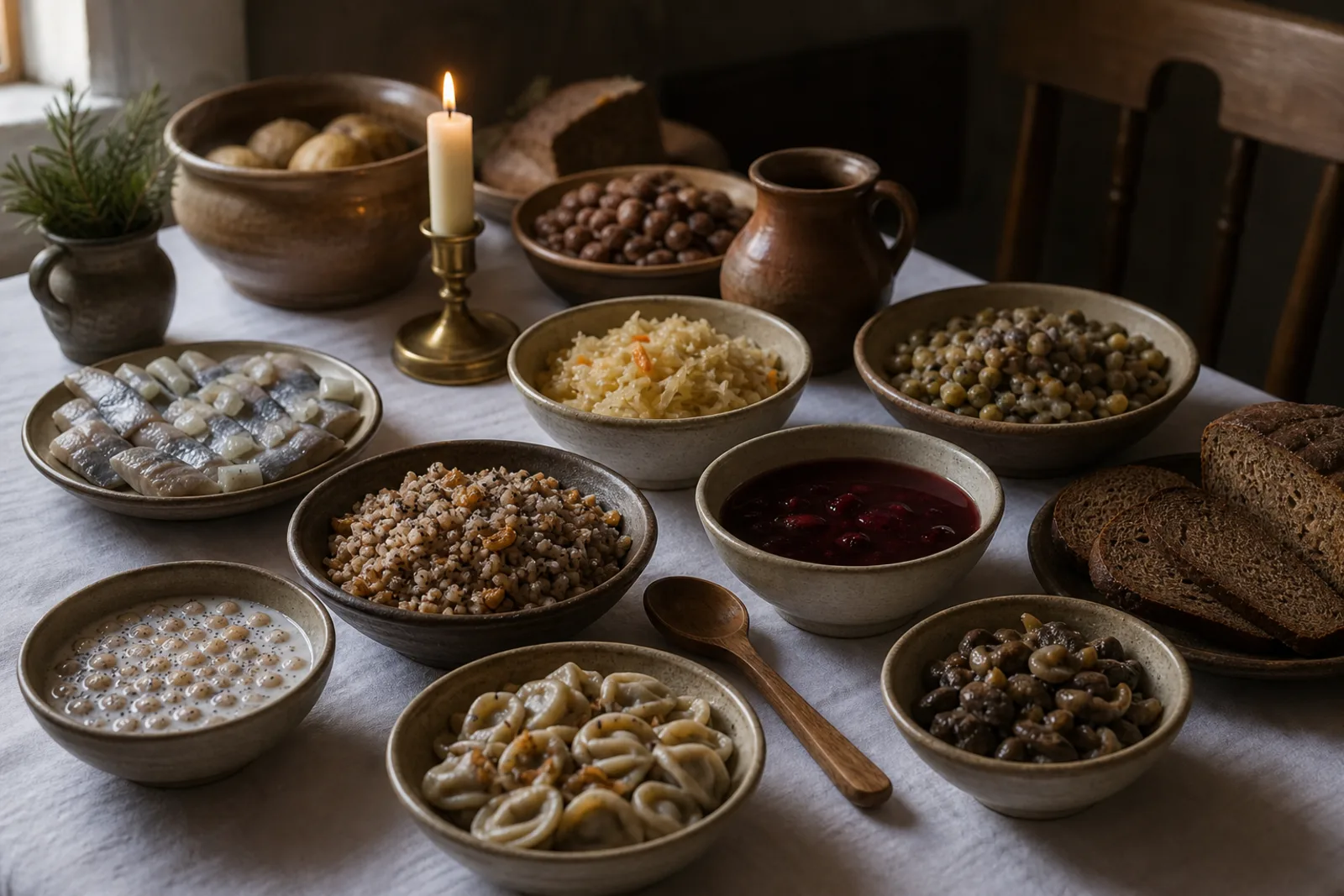 Kūčių vakarienės patiekalai: fasting festive table of twelve dishes in a Lithuanian traditional food context