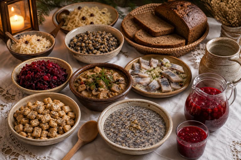 Накрытый белой тканью стол Кучос с сельдью, кучюкаем, маковым молоком, клюквенным киселём, грибами и свечой