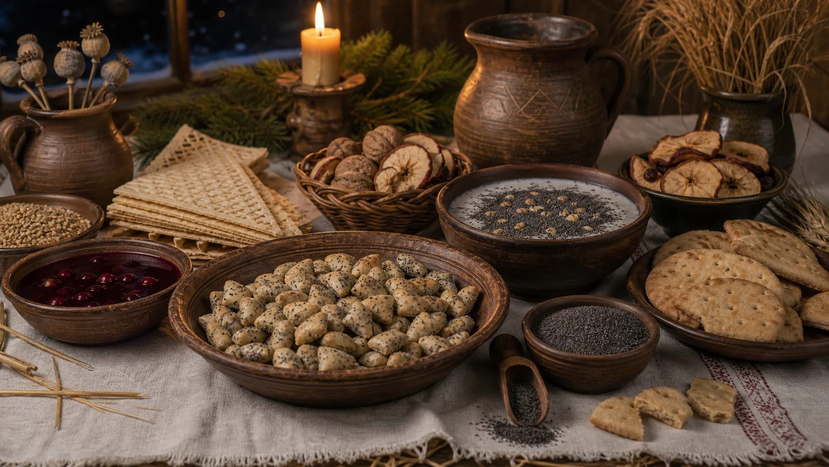 Kūčios table with kūčiukai, poppy milk, kissel, kalėdaičiai, poppy seeds, grains, and dried apples