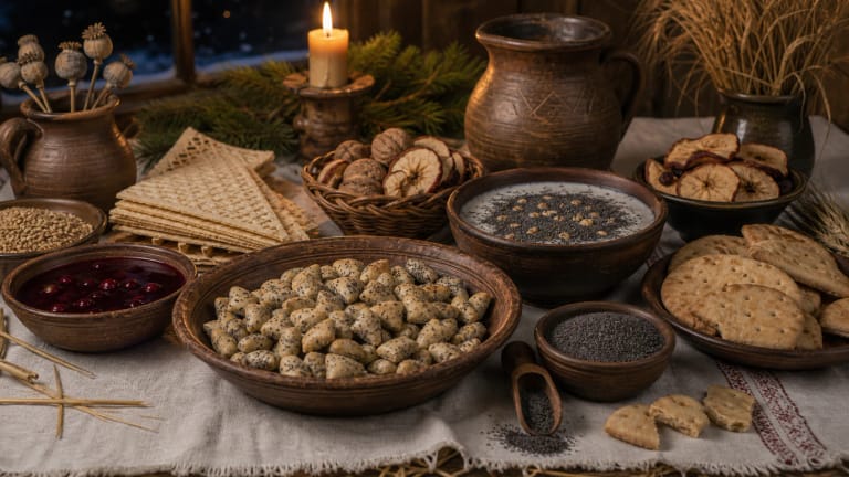 Kūčios table with kūčiukai, poppy milk, kissel, kalėdaičiai, poppy seeds, grains, and dried apples