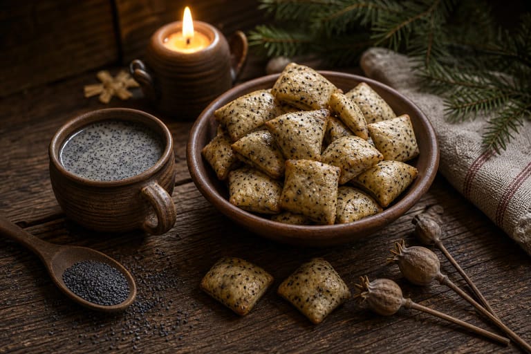 Kūčiukai with poppy seeds in a bowl beside poppy milk and a Kūčios table candle