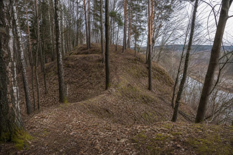 Mišku apaugęs Kučkuriškių piliakalnio pylimas ir terasuota aikštelė virš Vilnios slėnio