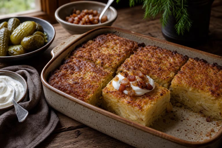 Kugelis or bulvių plokštainis cut into pieces with sour cream, cracklings, and fermented cucumbers