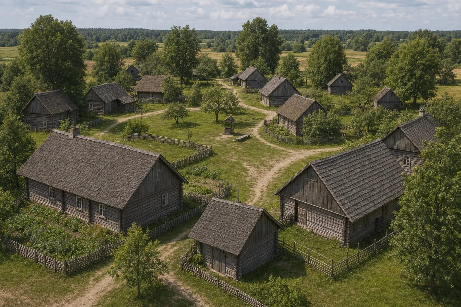 A clustered village kept a freer, older logic of farmstead grouping.