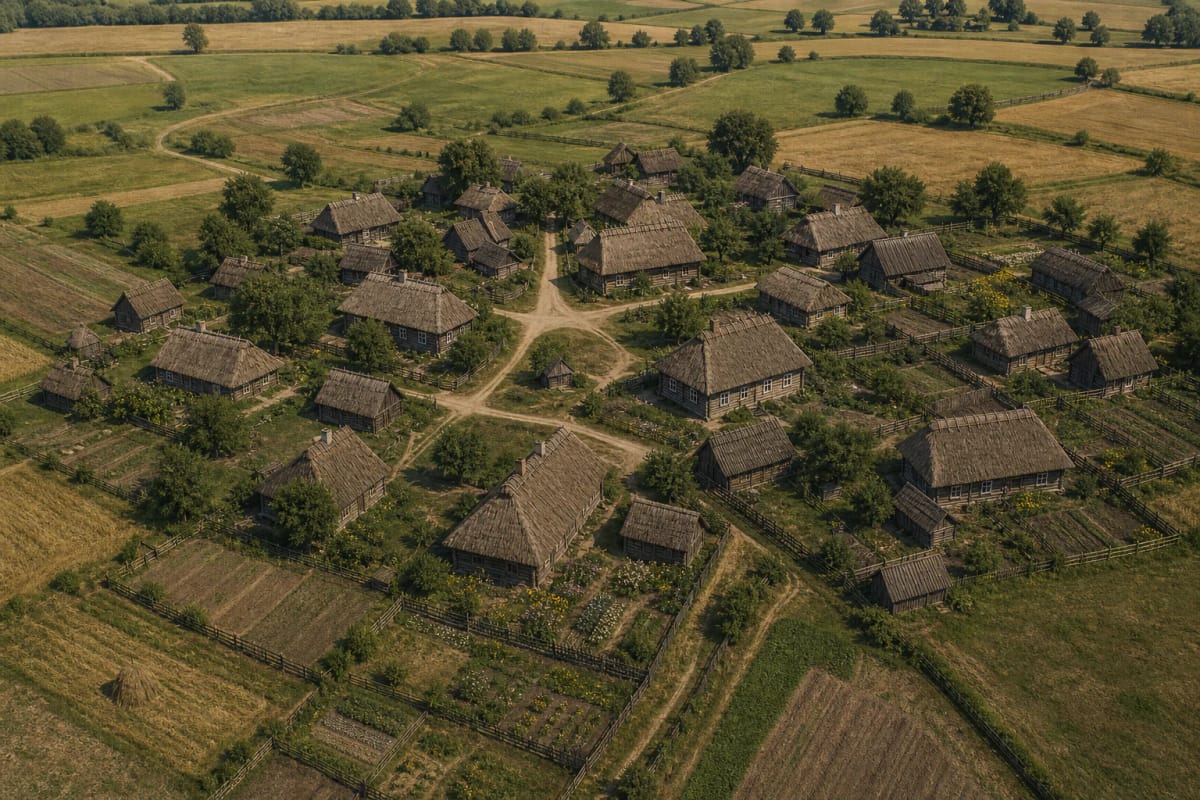 A kupetinis kaimas with freely placed wooden farmsteads among hills, trees, and winding lanes