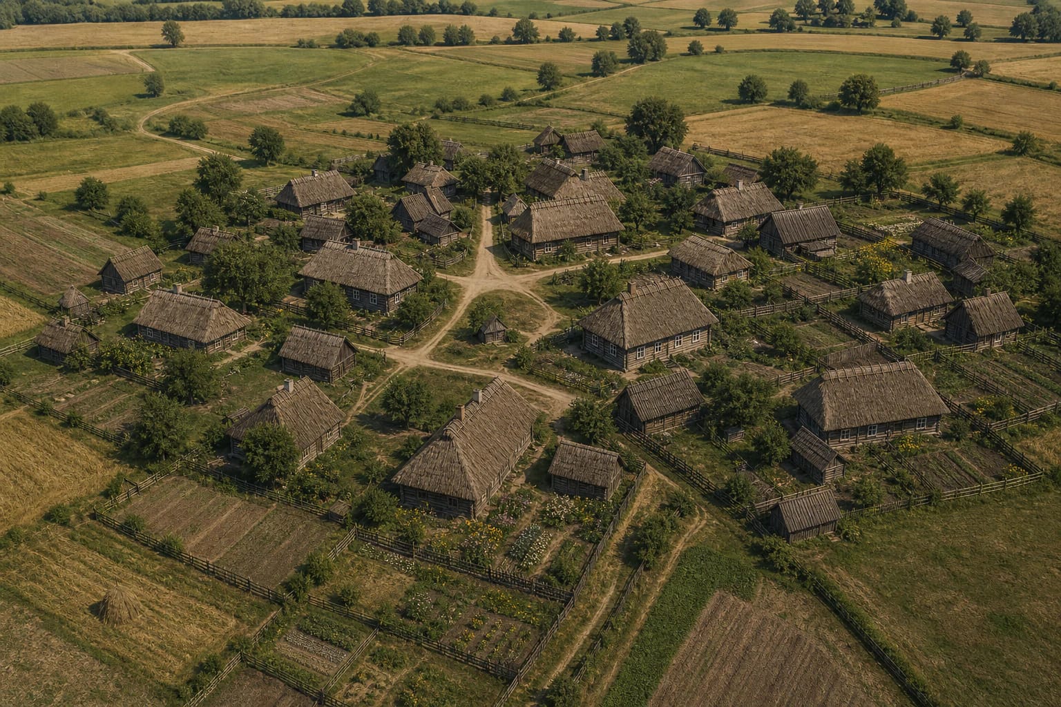 A kupetinis kaimas with freely placed wooden farmsteads among hills, trees, and winding lanes