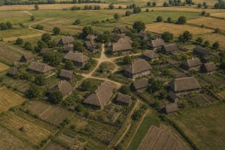 A kupetinis kaimas with freely placed wooden farmsteads among hills, trees, and winding lanes