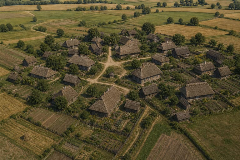 A kupetinis kaimas with freely placed wooden farmsteads among hills, trees, and winding lanes