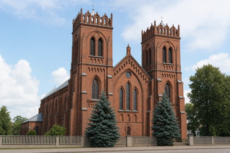 Raudonplytė Kupiškio Kristaus Žengimo į dangų bažnyčia su dviem neogotikiniais bokštais ir puošniomis atviromis jų karūnomis