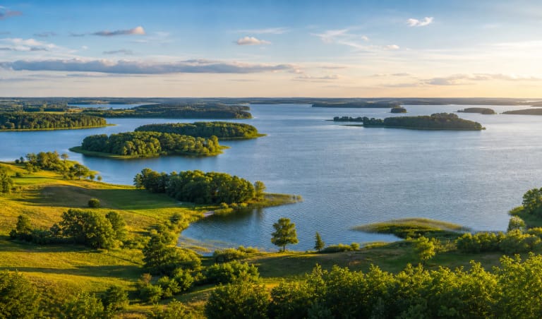 Водный ландшафт Купишкисского водохранилища с островами и зелёными берегами