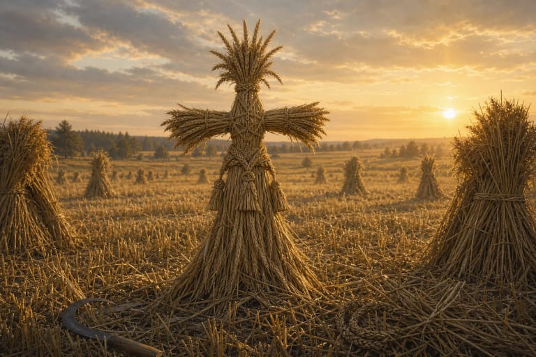 Kurkas, a Prussian harvest idol, bound from the last ears of grain in a reaped field