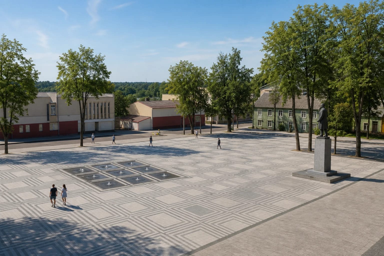 Laurynas Ivinskis Square in Kuršėnai with geometric pale and dark paving and the monument at its centre