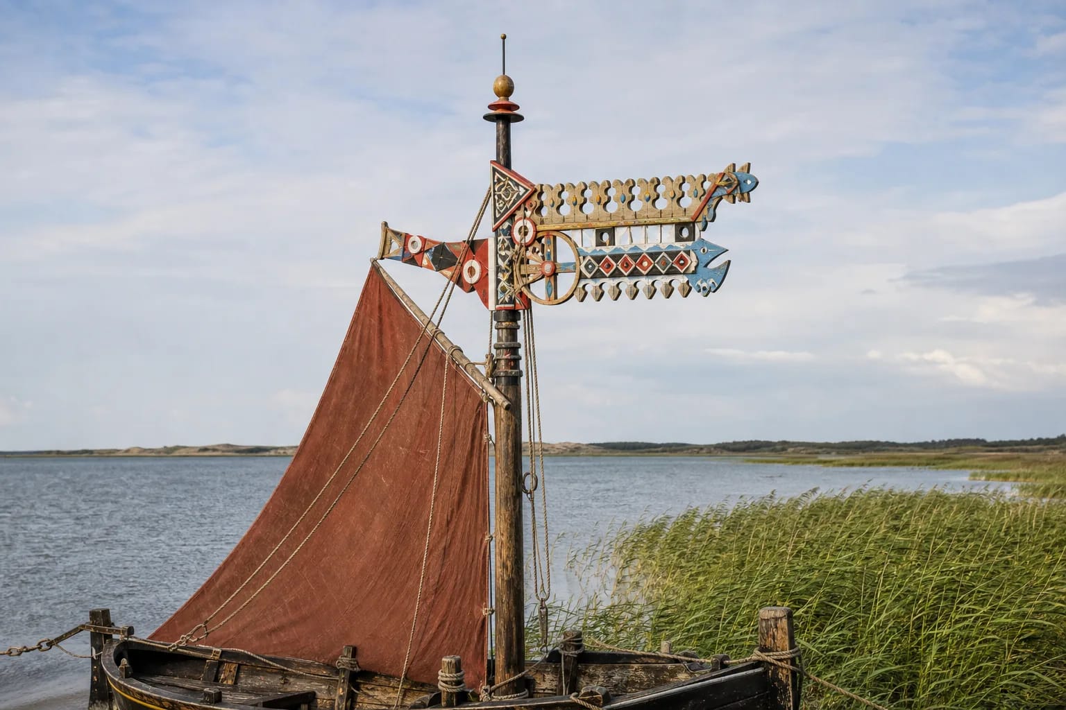 A weather-vane on a kurėnas mast joins sign, color, and lagoon fishing context.