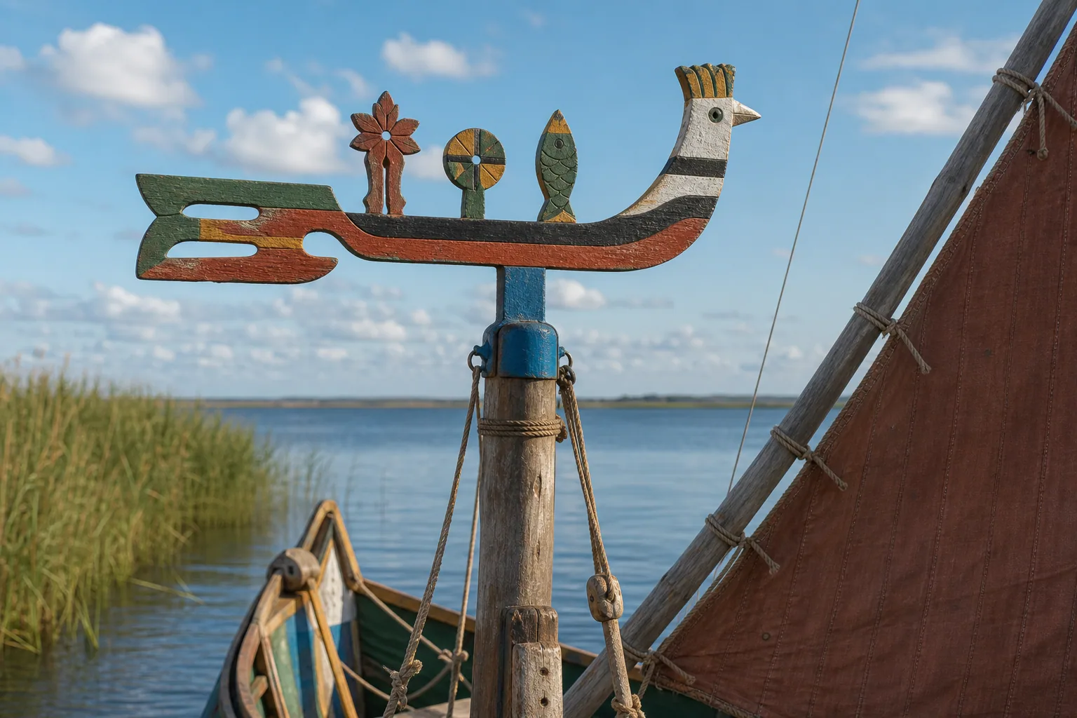 Colorful Curonian Lagoon weather-vane on the mast of a wooden fishing boat.