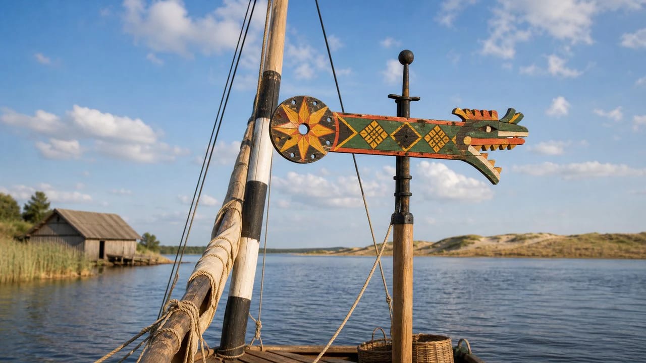 A Curonian Lagoon weathervane on a sailing boat as an identification symbol of lagoon fishers