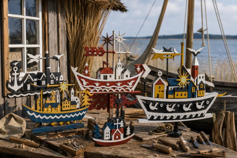 Colorful Curonian Lagoon weathervanes beside a lagoon workshop