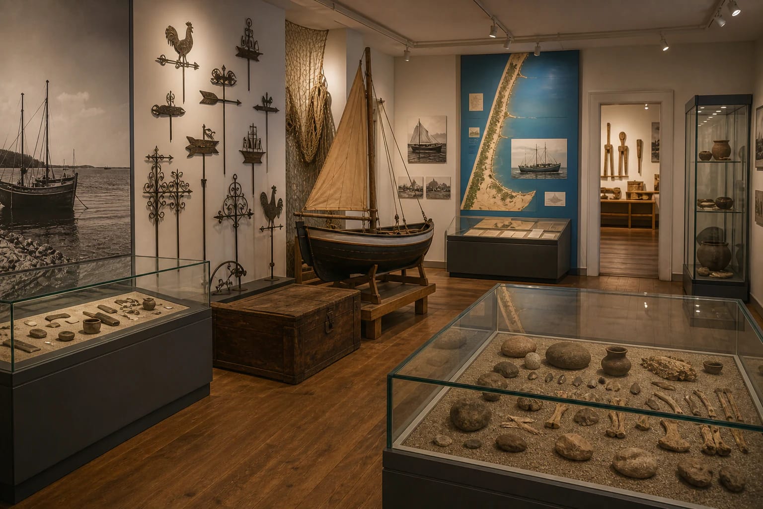 Curonian Spit History Museum display with a fishing boat, weathervanes, nets, and archaeological finds in Nida