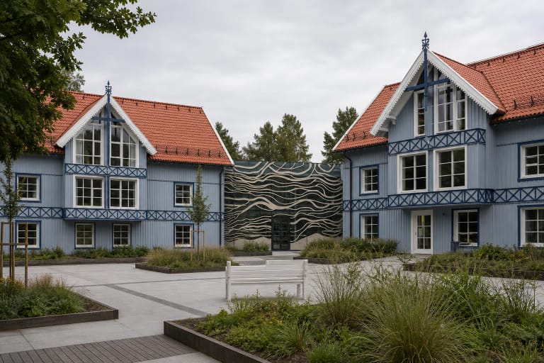 Blue-grey wings of the Curonian Spit National Park Visitor Centre and its entrance wrapped in pale flowing bands in Juodkrantė