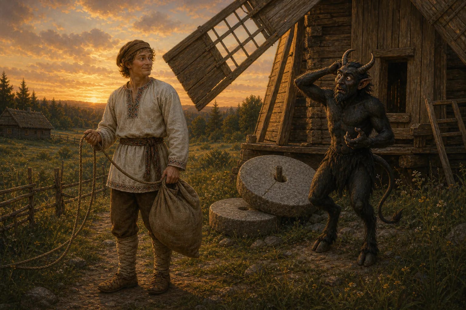 A peasant with a sack beside a village road, evoking a domestic tale about theft