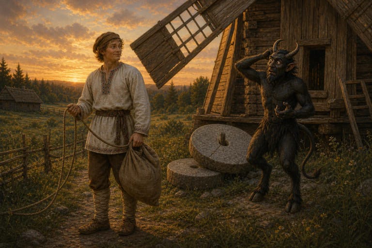 A clever farmhand or peasant with a sack near a homestead and mill