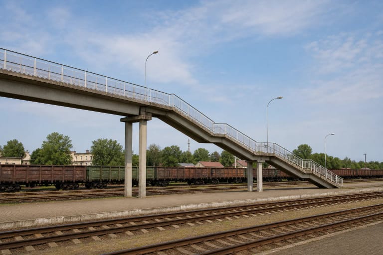 Ilgas neuždengtas betoninis Kybartų pėsčiųjų viadukas su laiptų aikštelėmis virš daugelio geležinkelio bėgių