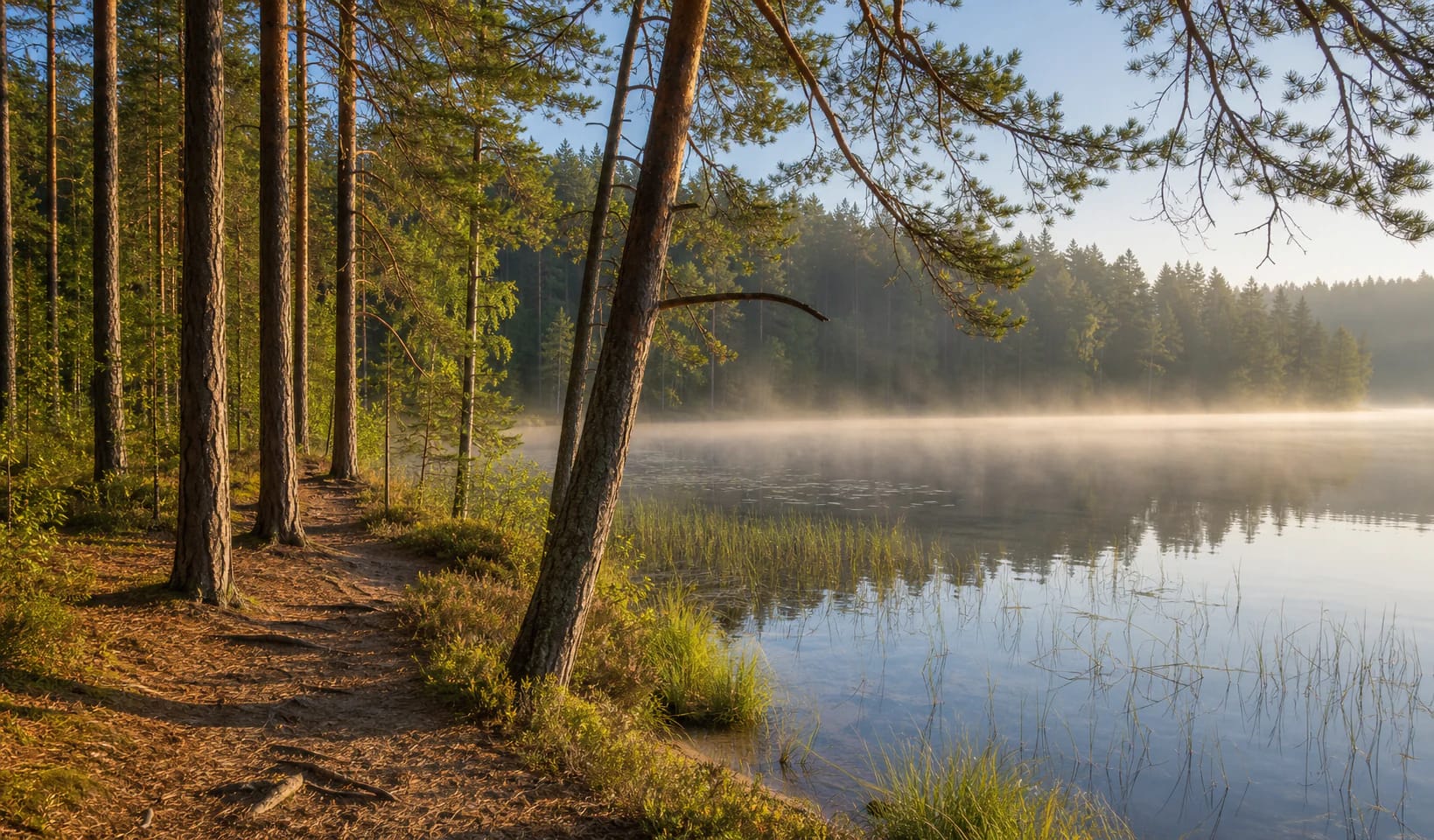 Pinewoods of Labanoras Forest and a lake shore in early morning light