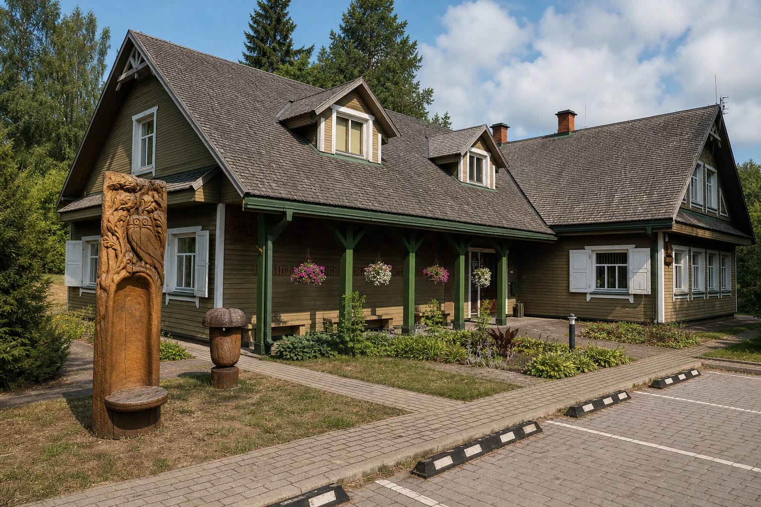 Wooden Labanoras Regional Park Visitor Centre with a green porch, white shutters, and forest-themed carved wooden sculptures