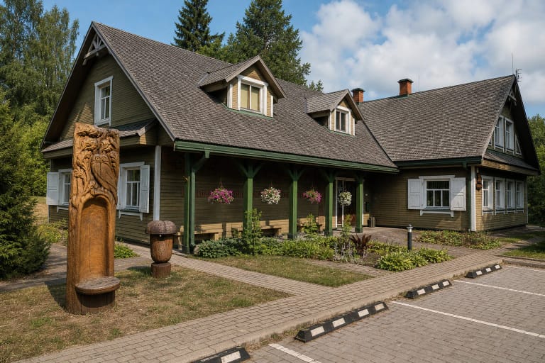 Labanoro regioninio parko lankytojų centro medinis pastatas su žaliu prieangiu, baltomis langinėmis ir miško tematikos medžio skulptūromis