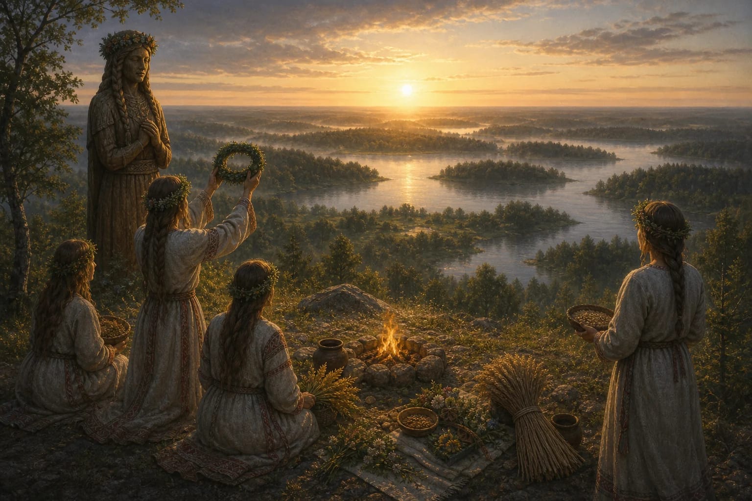Ladakalnis Legend visual interpretation with Lada, sacred hill, offerings motifs