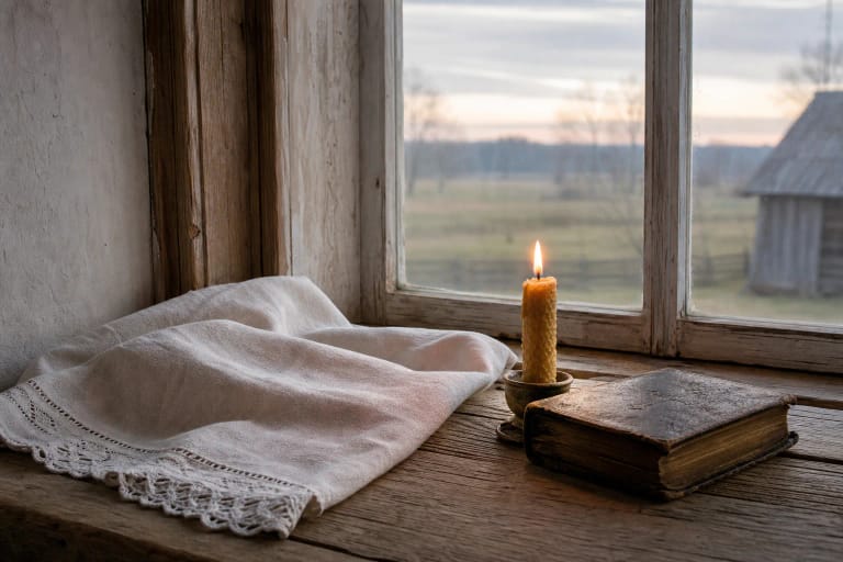 White linen, a blessed beeswax candle, and a prayer book beside the window of an old Lithuanian farmhouse