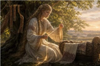 Laima in Lithuanian mythology spins the thread of fate beside a cradle and a linden tree