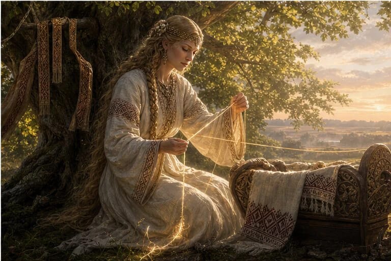 Laima in Lithuanian mythology spins the thread of fate beside a cradle and a linden tree