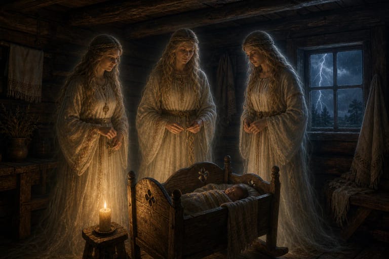 Three voices of fate are heard in darkness near a cradle while lightning flashes far outside the window