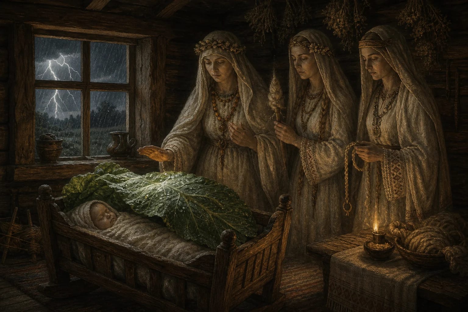 The Laimės’ Foretelling visual interpretation with three allotting voices, newborn’s fate, threat of Perkūnas motifs