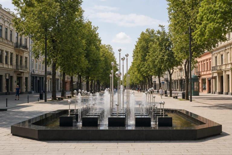 Laisvės alėjos fontanas su juodo granito baseinu ir metaliniais rutuliais, granito promenada, liepų eilės ir Kauno centro fasadai