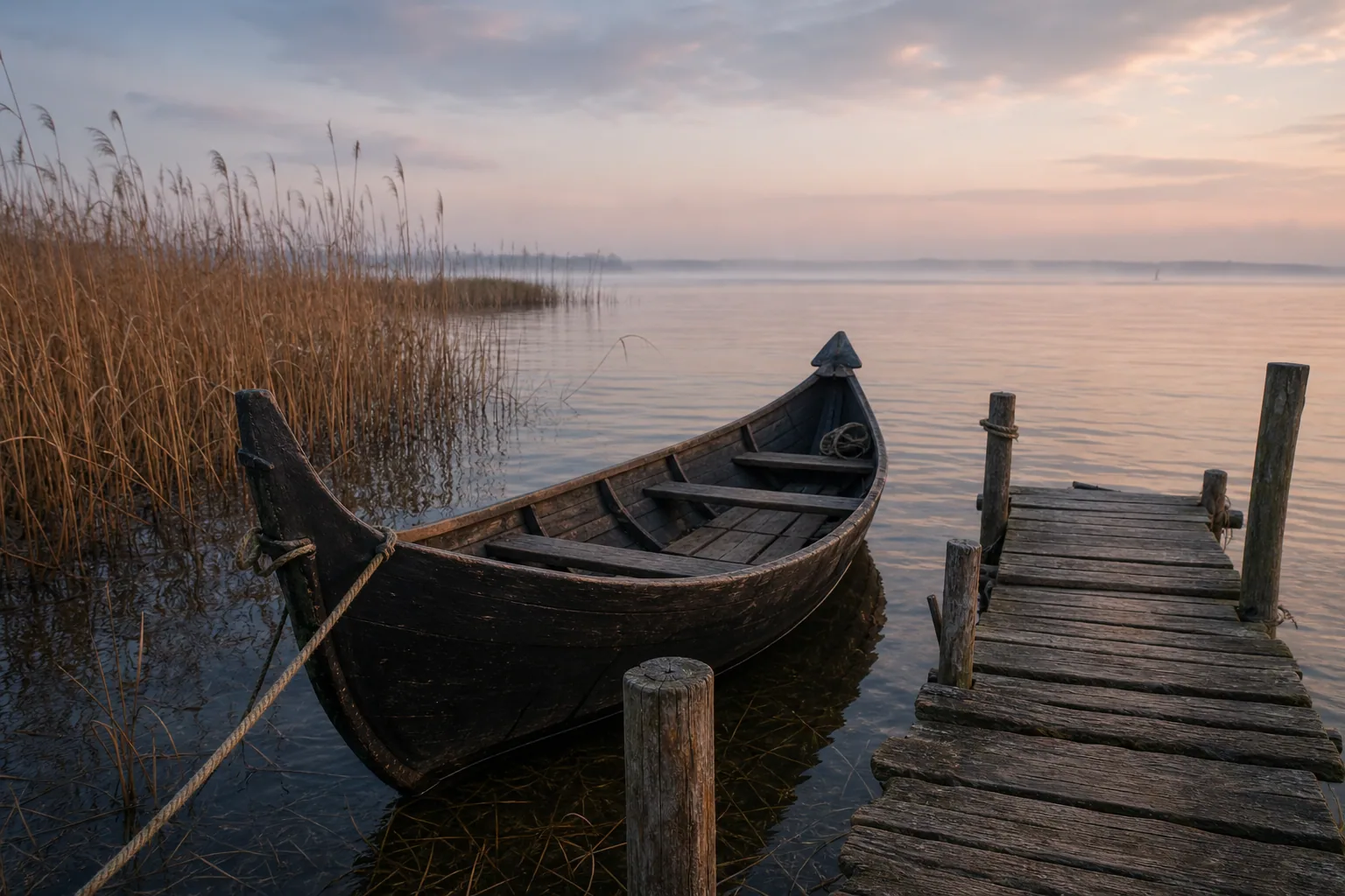 Wooden kurėnas-style boat moored beside lagoon reeds and a pier.