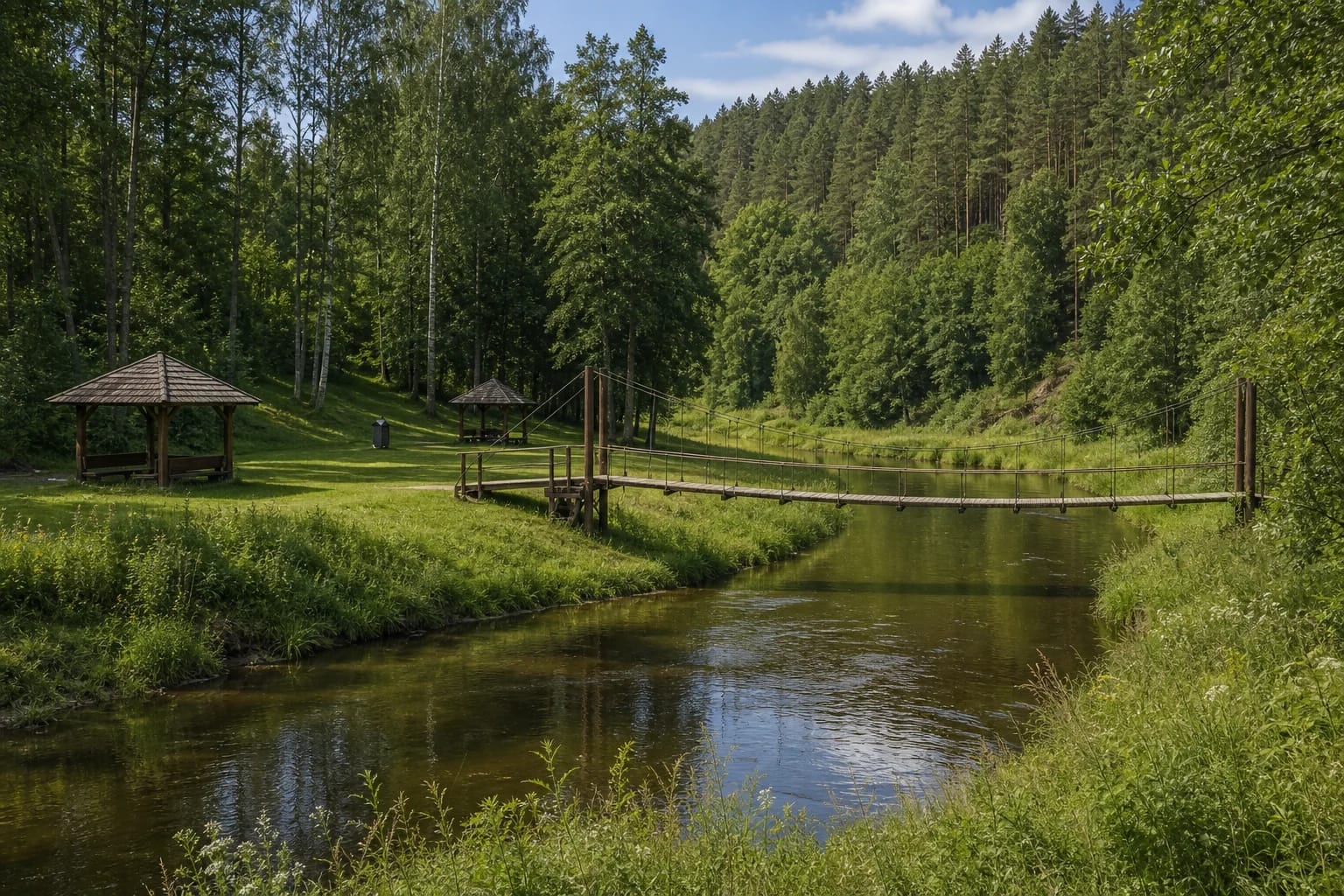 A bend of the Akmena River and the recreation area at Lakštingalų slėnis in Pagramantis Regional Park