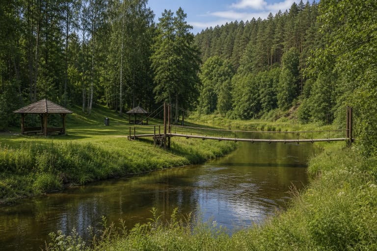 A bend of the Akmena River and the recreation area at Lakštingalų slėnis in Pagramantis Regional Park