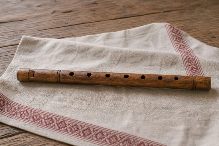 A wooden lamzdelis with tone holes on linen as a Lithuanian folk flute