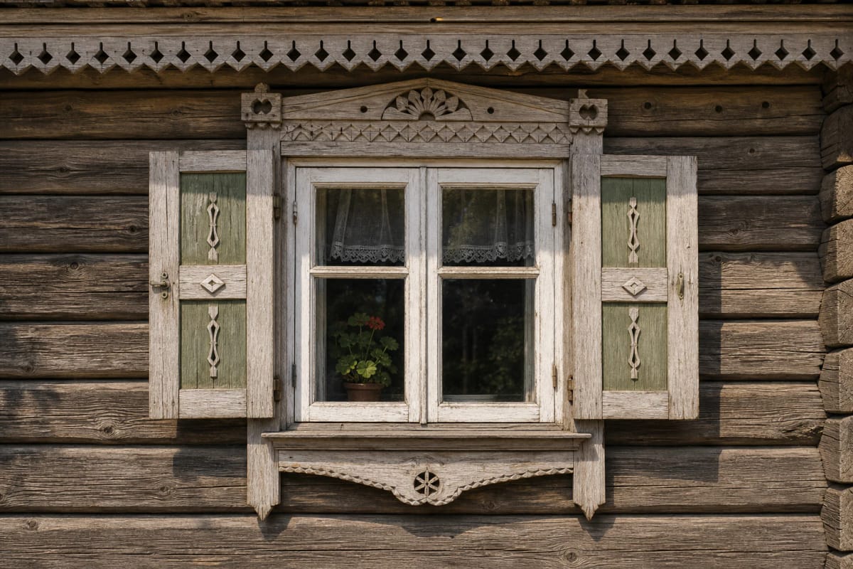 A wooden Lithuanian house window with painted shutters, white trim, an openwork upper trim, and floral motifs