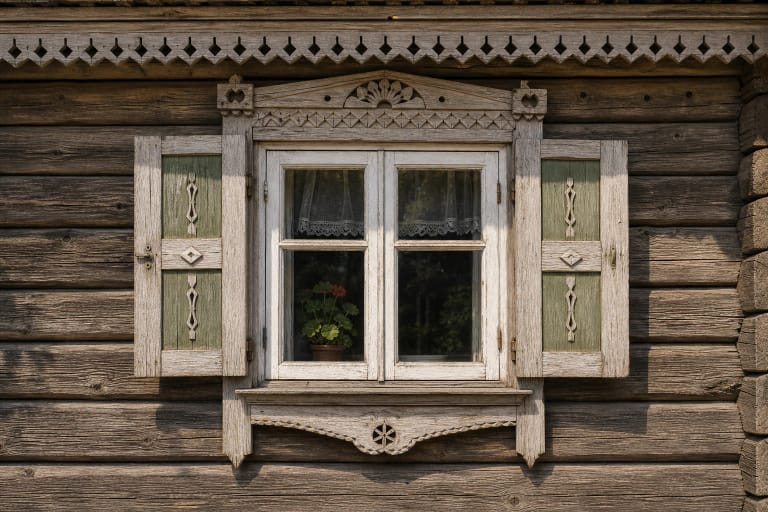 A wooden Lithuanian house window with painted shutters, white trim, an openwork upper trim, and floral motifs