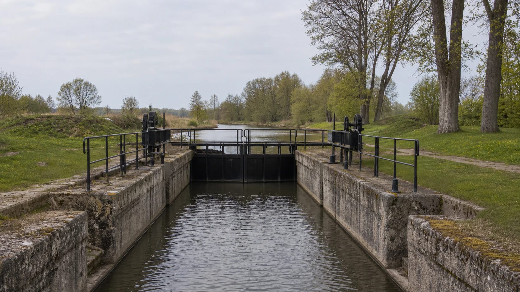 Lankupiai Lock with canal water, concrete walls, and metal gates