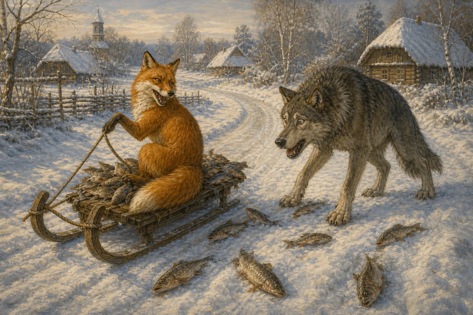The Fox's Sled visual interpretation with fox, sled, winter motifs