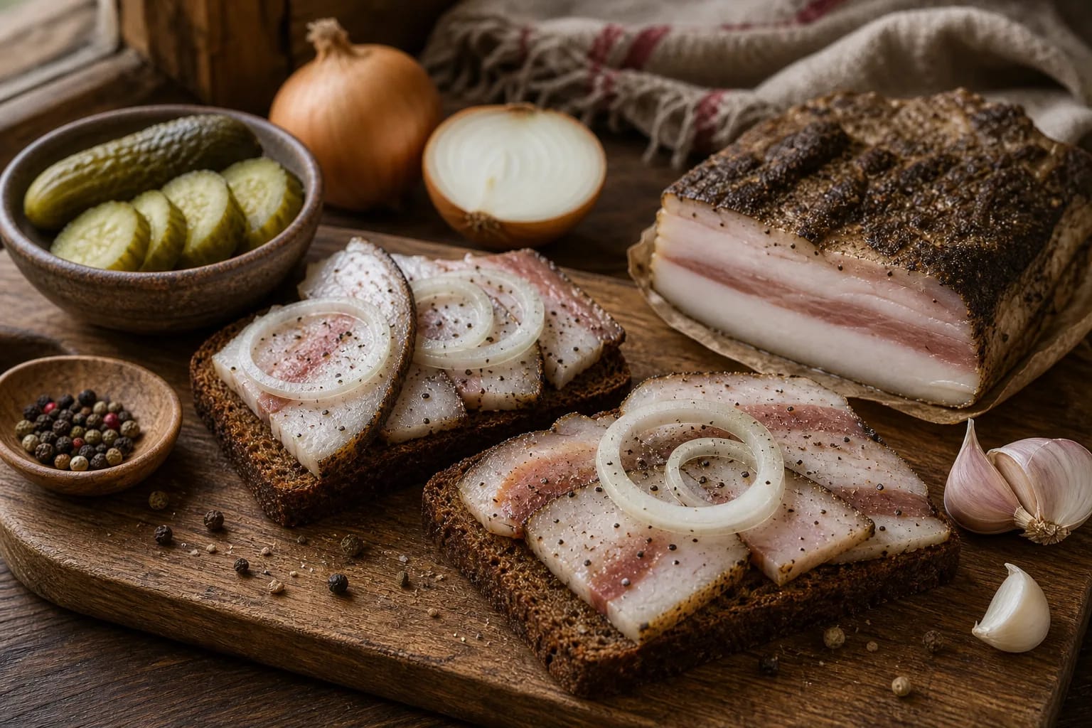 Lithuanian lašiniai in thin slices with rye bread, onions, garlic, and pepper