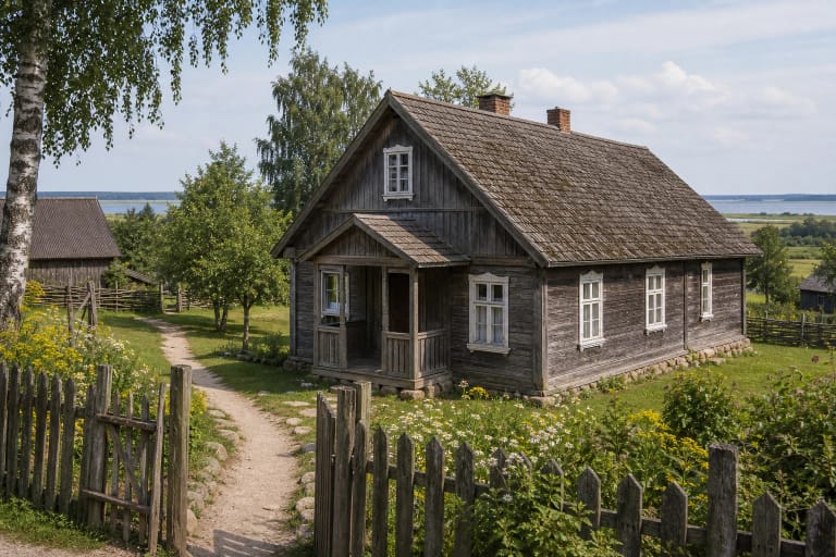 Tradicinė medinė Babickų sodyba Laukminiškiuose prie Kupiškio marių