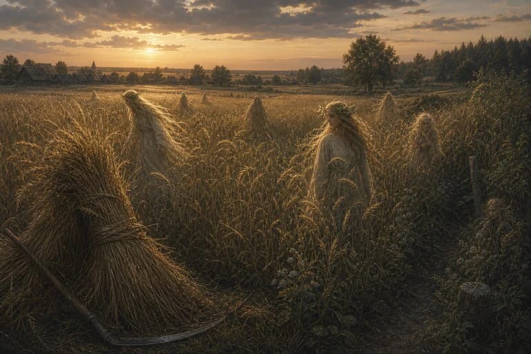 Field spirits in Lithuanian folklore in a rye field, at the edge of grain, and in evening light