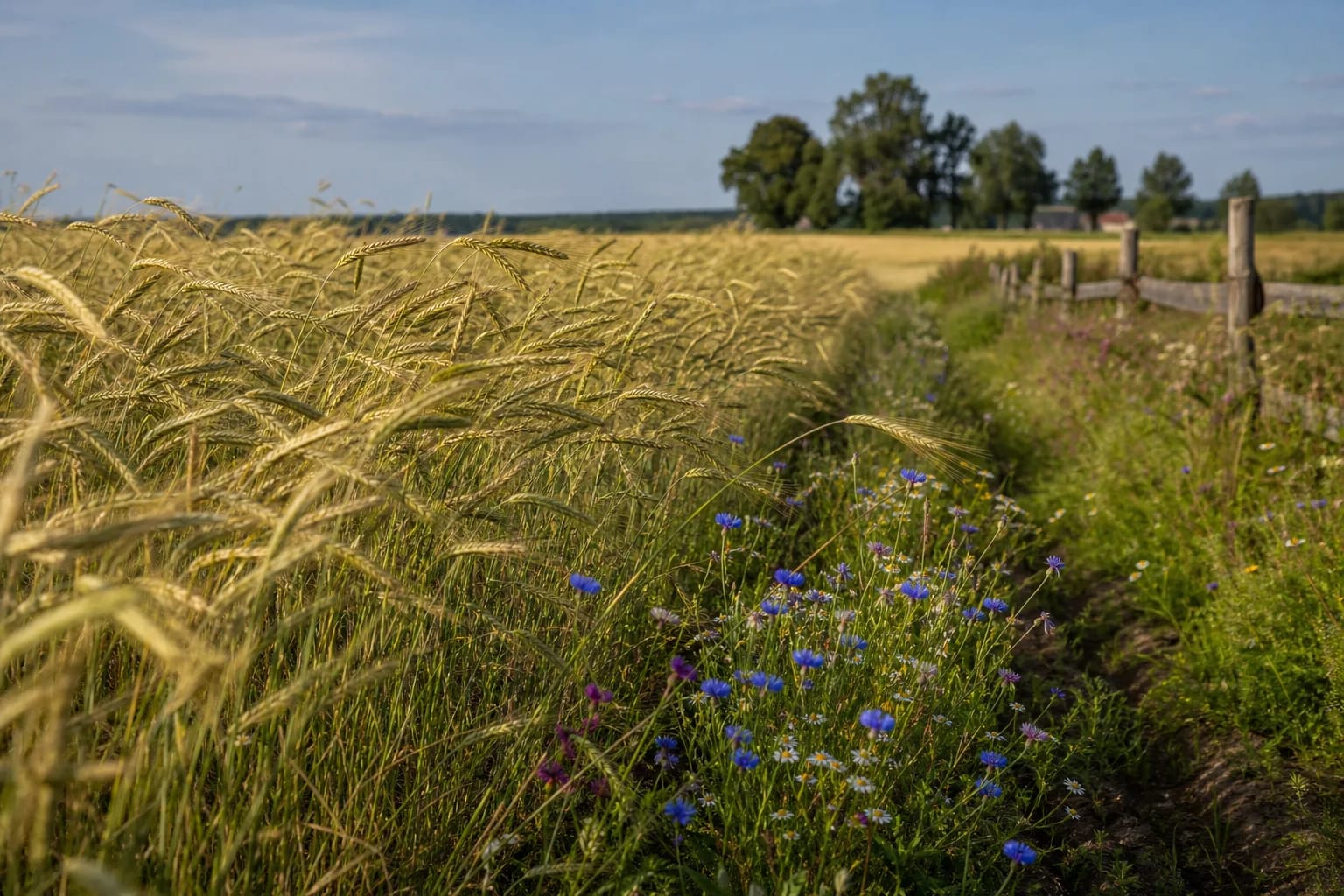 Rye-field edge with wildflowers and wind over furrows