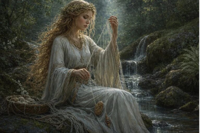 Laumė in Lithuanian mythology by a stream weaving linen thread among stones and forest